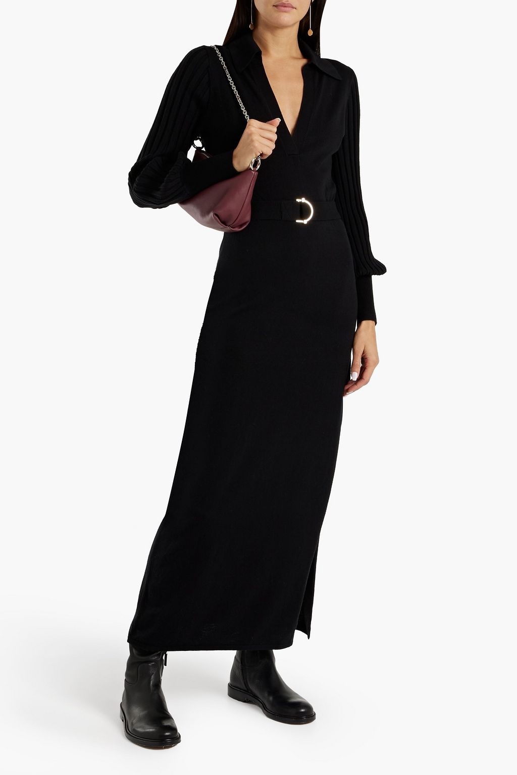 NICHOLAS Belted ribbed wool and cotton-blend midi dress