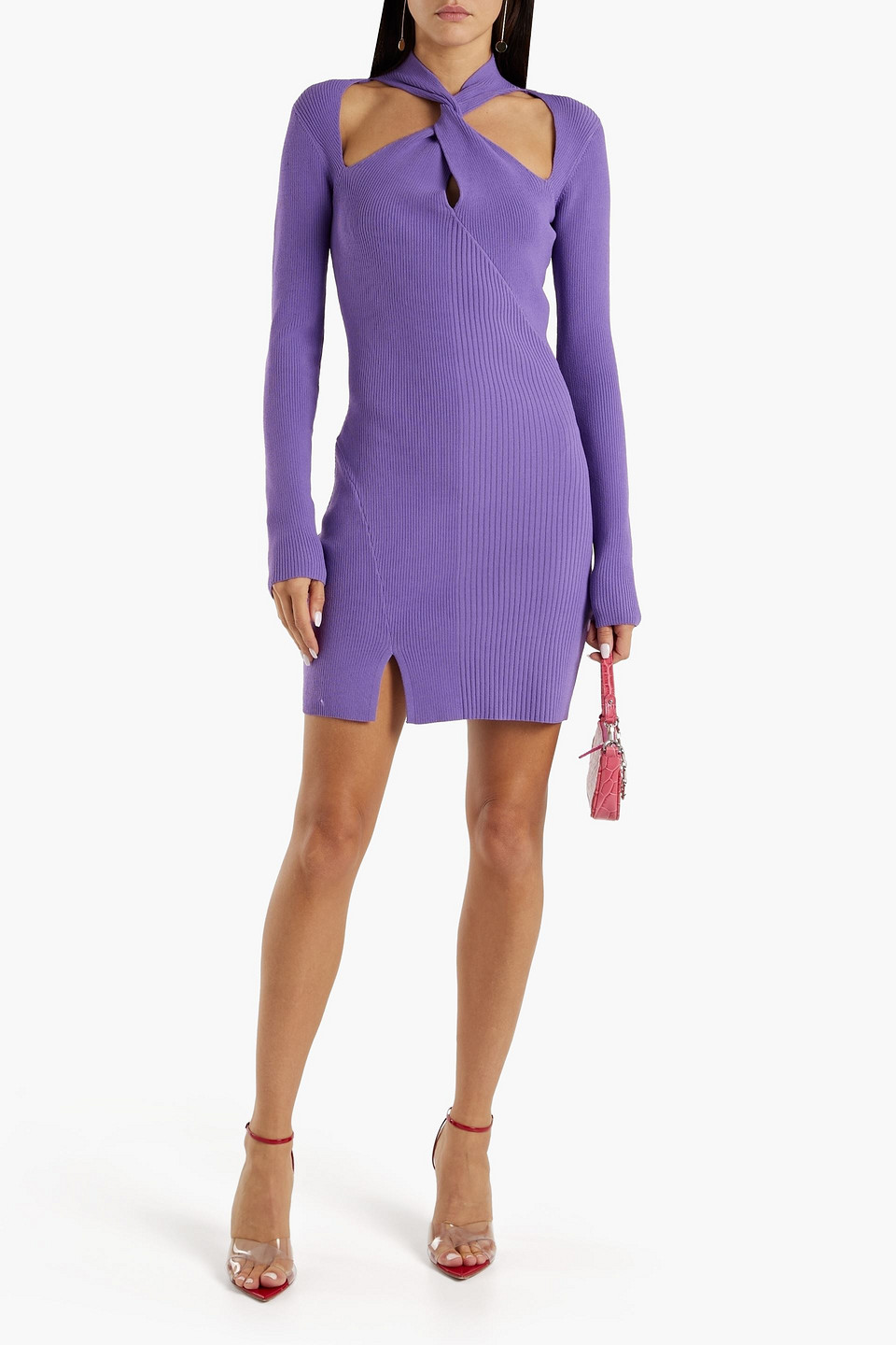 Braulia Twist-front Cutout Ribbed-knit Mini Dress In Purple