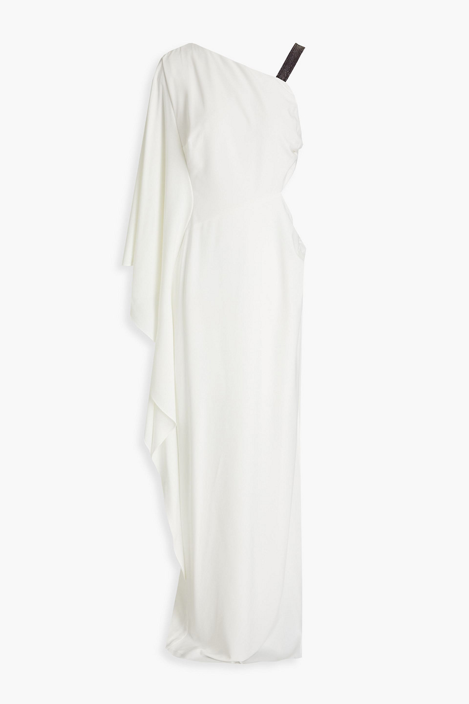 Halston One-sleeve embellished draped crepe gown