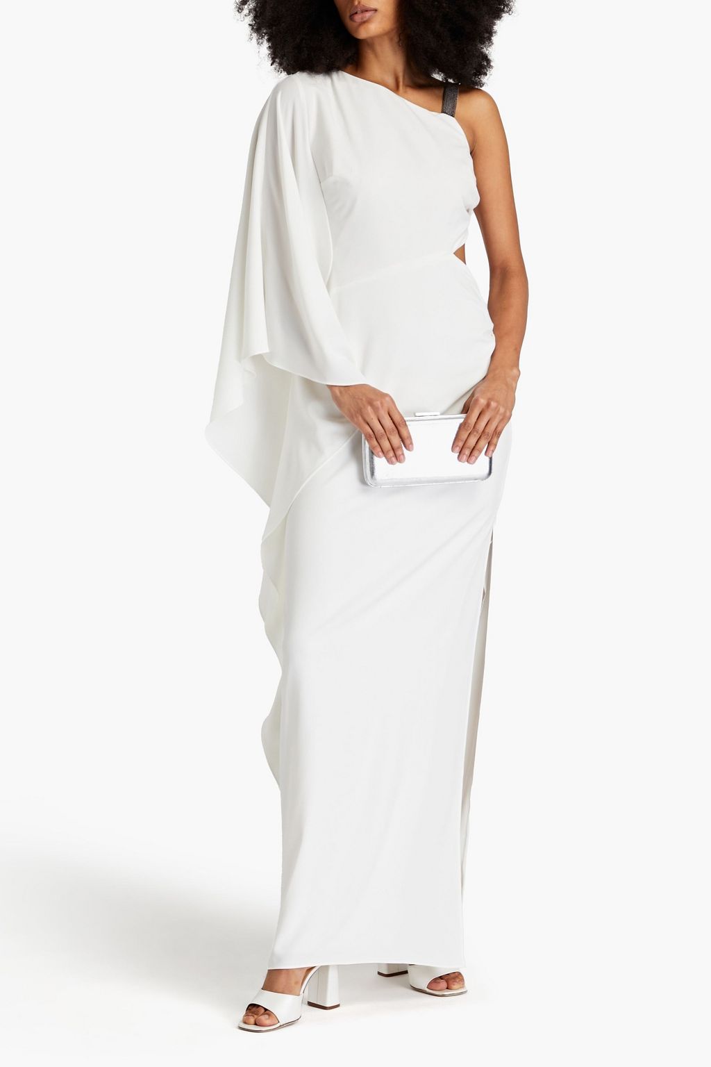 HALSTON クレープ ロングドレス ワンスリーブ ドレープ入り