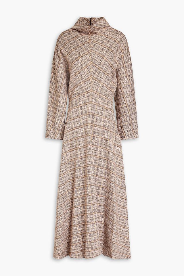 Checked stretch-ponte turtleneck maxi dress