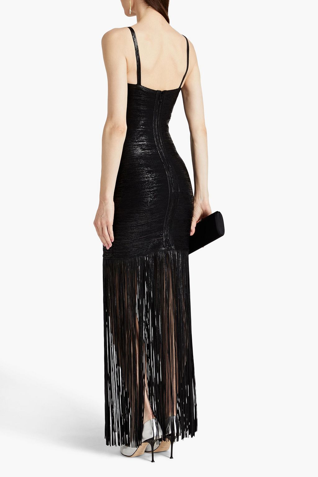 HERVÉ LÉGER Fringed metallic coated bandage gown