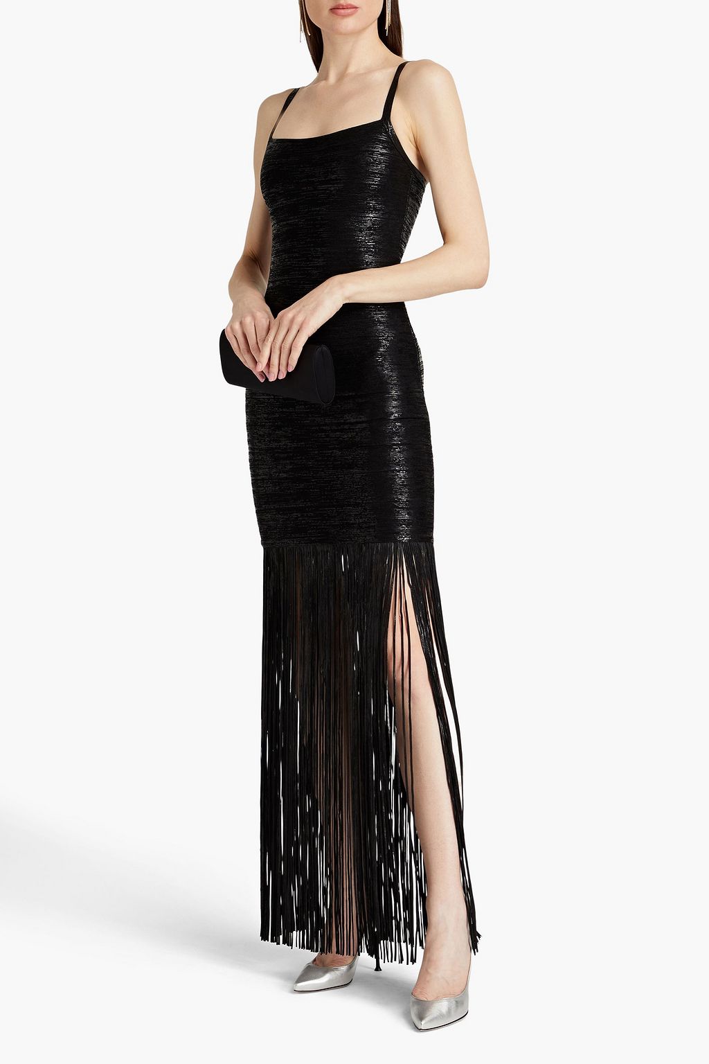 HERVÉ LÉGER Fringed metallic coated bandage gown