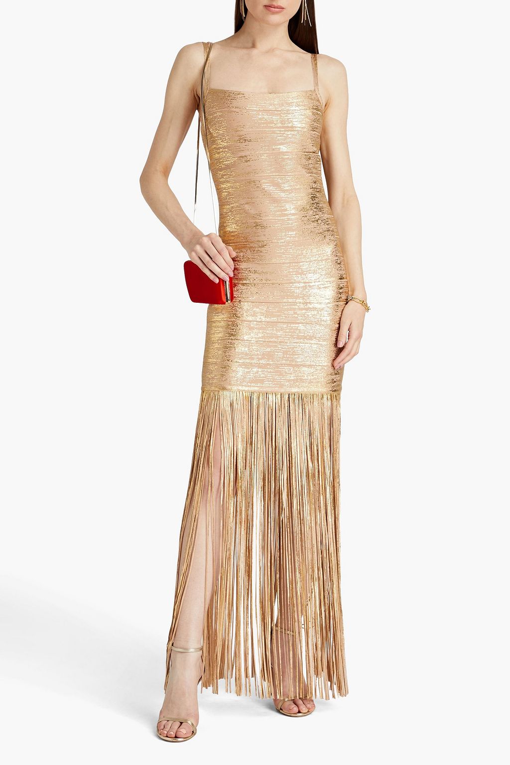HERVÉ LÉGER Fringed metallic coated bandage gown