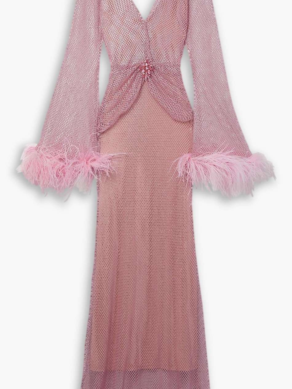 feather-trimmed crystal-embellished mesh maxi dress