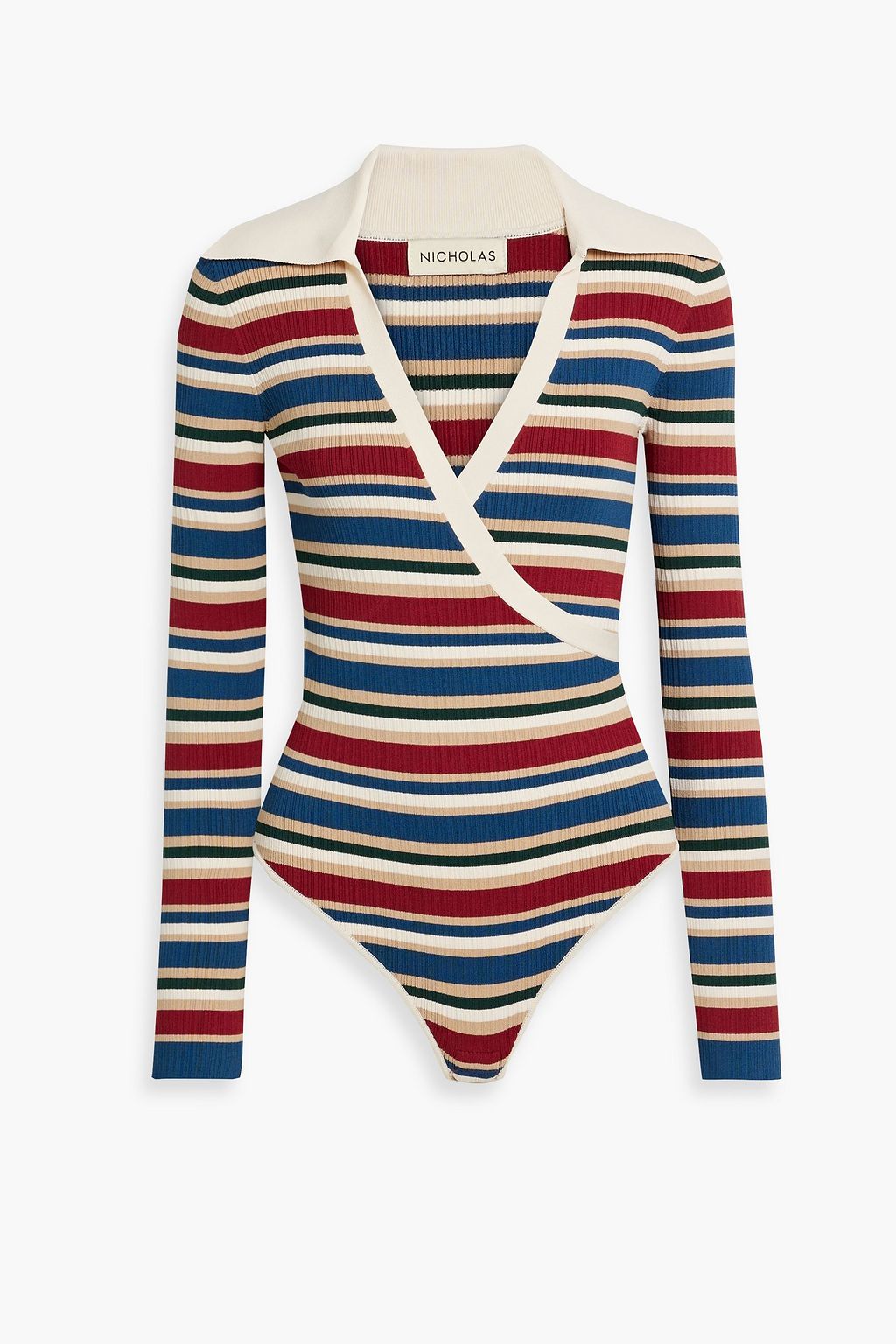 NICHOLAS Ime wrap-effect striped ribbed-knit bodysuit