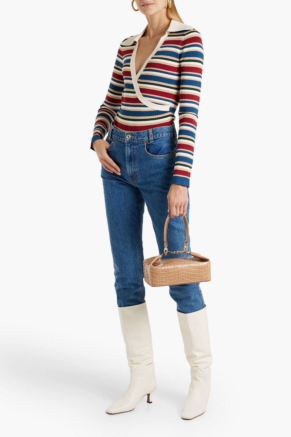 NICHOLAS WRAP-EFFECT STRIPED RIBBED-KNIT BODYSUIT 3074457345634126669