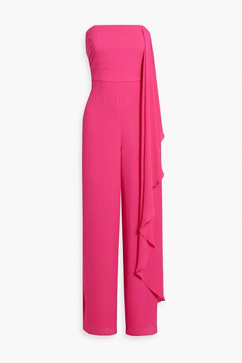HALSTON クレープ ワイドレッグ ジャンプスーツ ストラップレス ドレープ入り