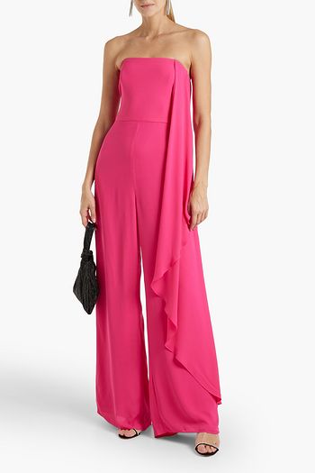 HALSTON クレープ ワイドレッグ ジャンプスーツ ストラップレス ドレープ入り