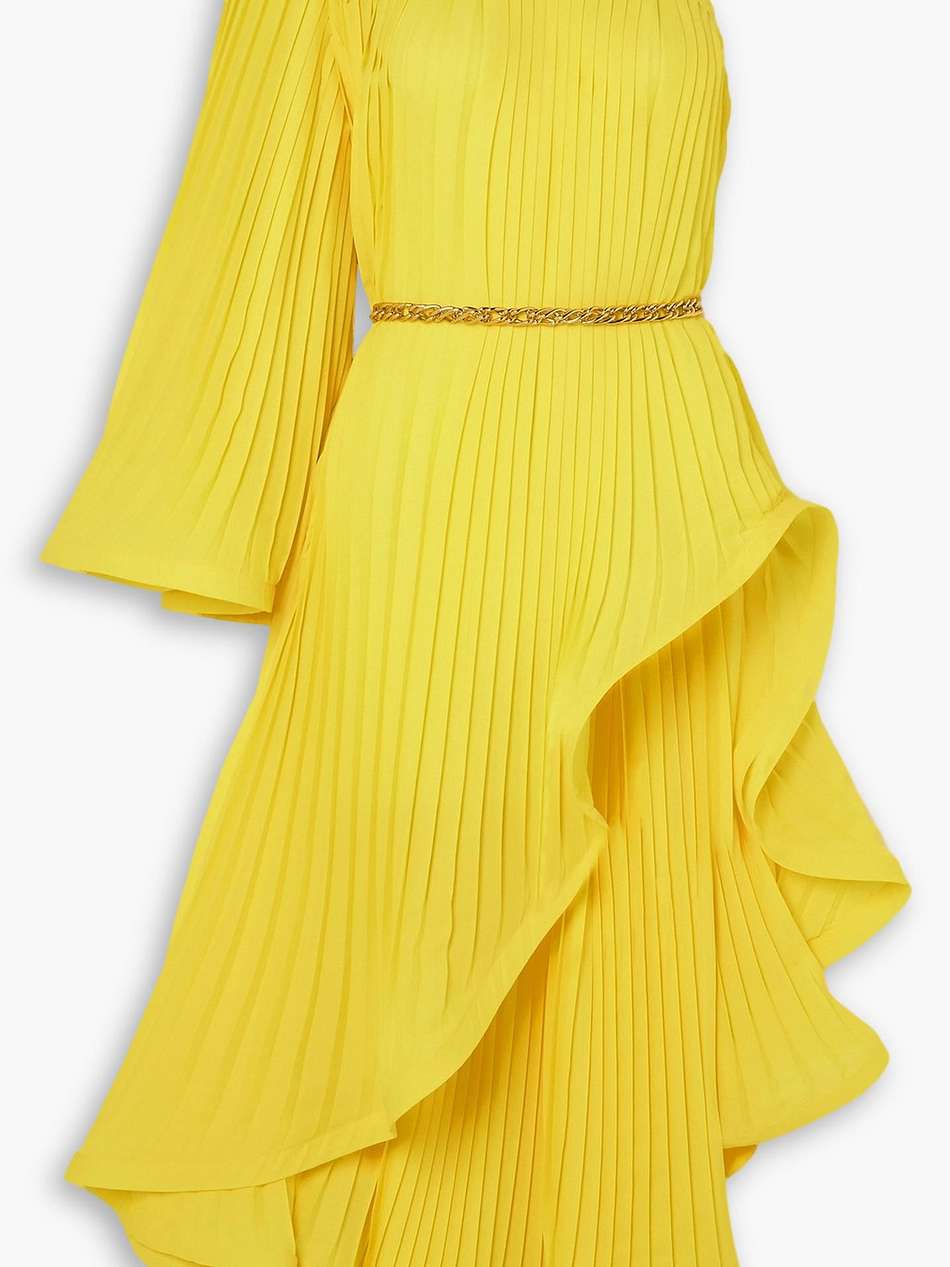 one-shoulder belted pleated georgette midi dress