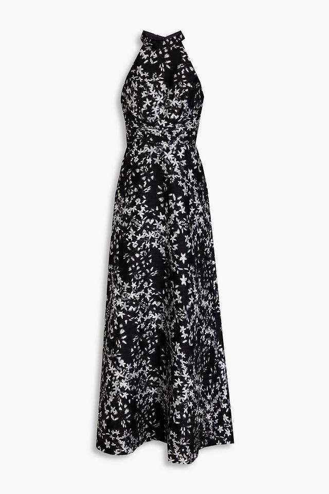 Pleated floral-jacquard halterneck maxi dress
