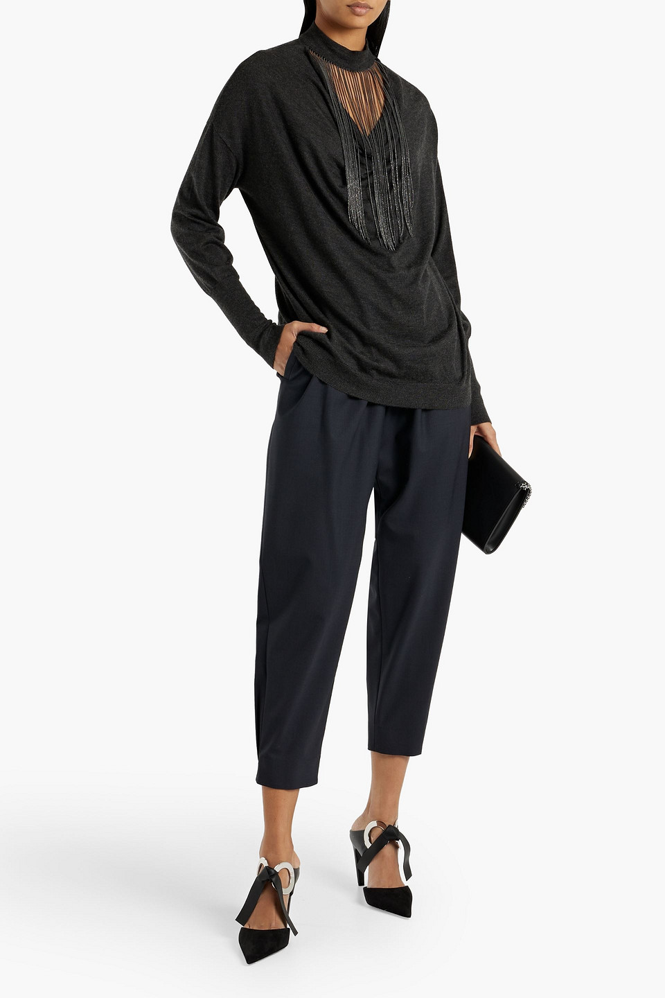 Brunello Cucinelli Bead-embellished Cutout Cashmere And Silk-blend Sweater In Dark Gray