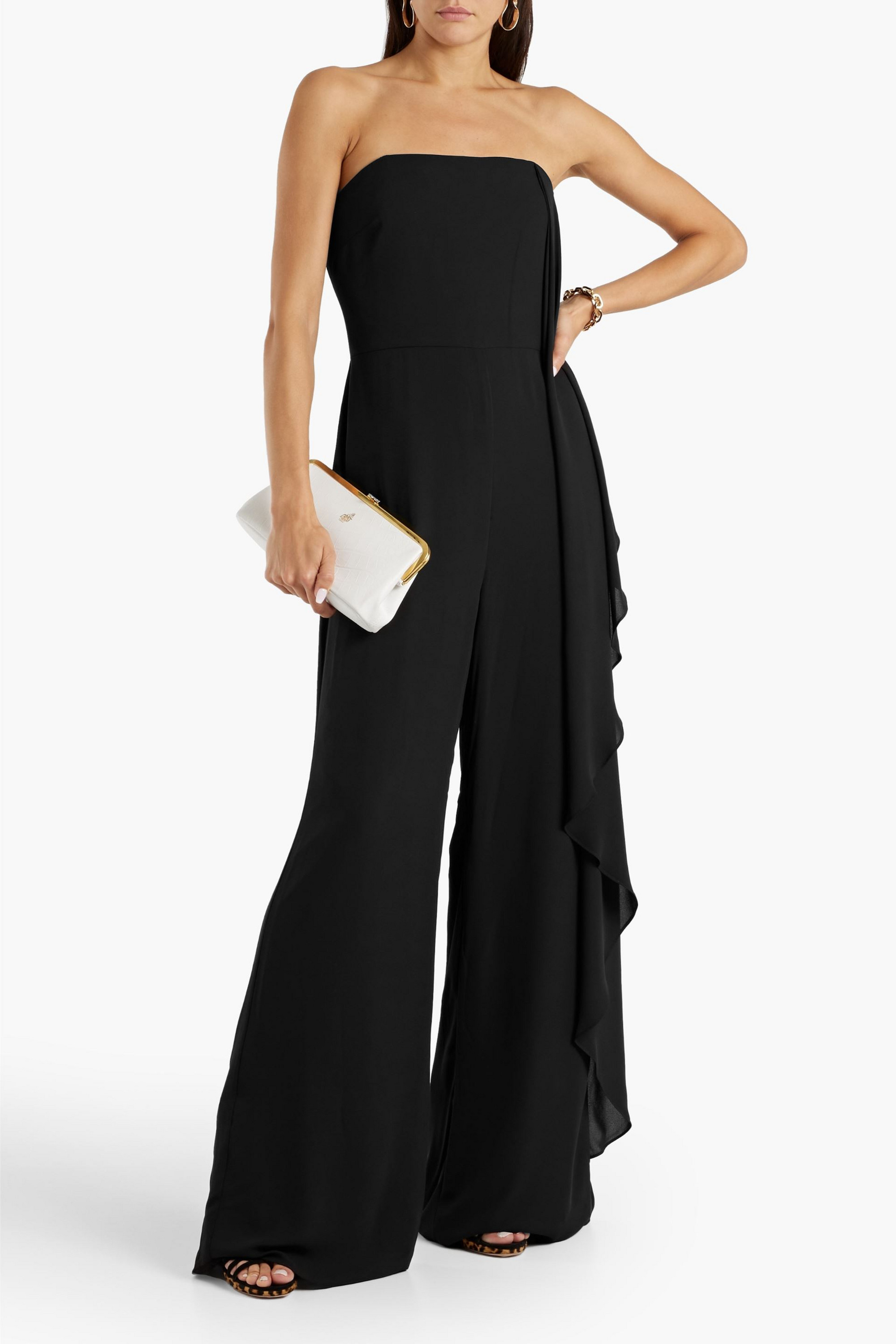 HALSTON Strapless draped crepe wide-leg jumpsuit