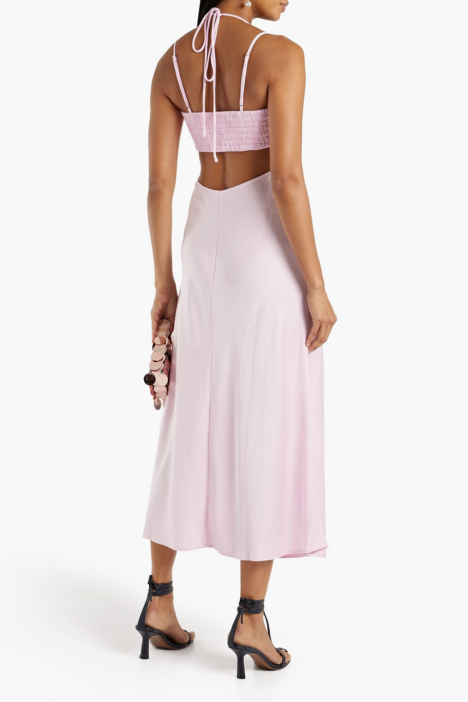 Shop A.l.c Sienna Cutout Shirred Satin Midi Dress In Pastel Pink