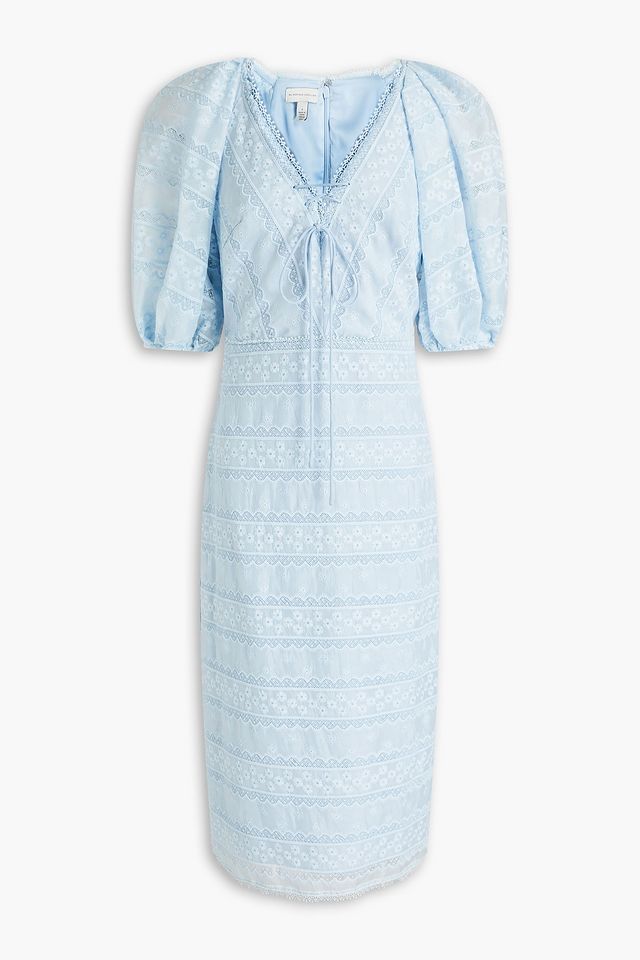 Lace-up embroidered voile midi dress
