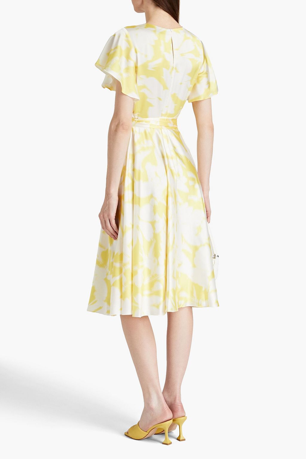 ML MONIQUE LHUILLIER サテンクレープ ミディワンピース ベルト付き プリント入り