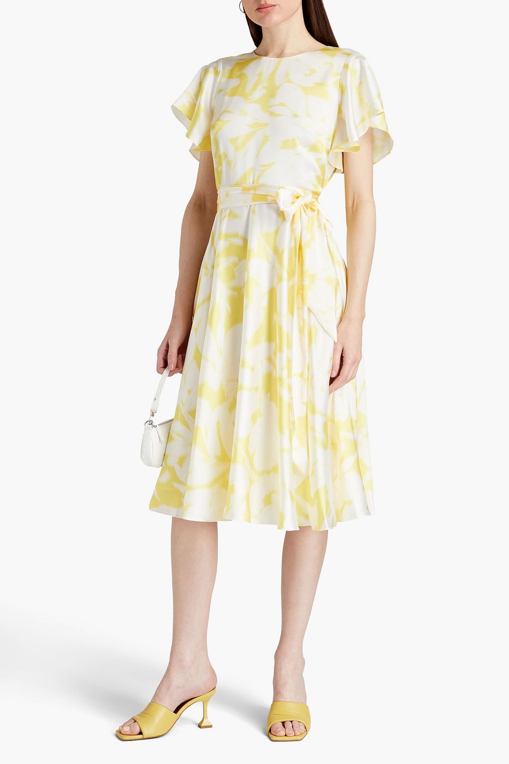 ML MONIQUE LHUILLIER サテンクレープ ミディワンピース ベルト付き プリント入り