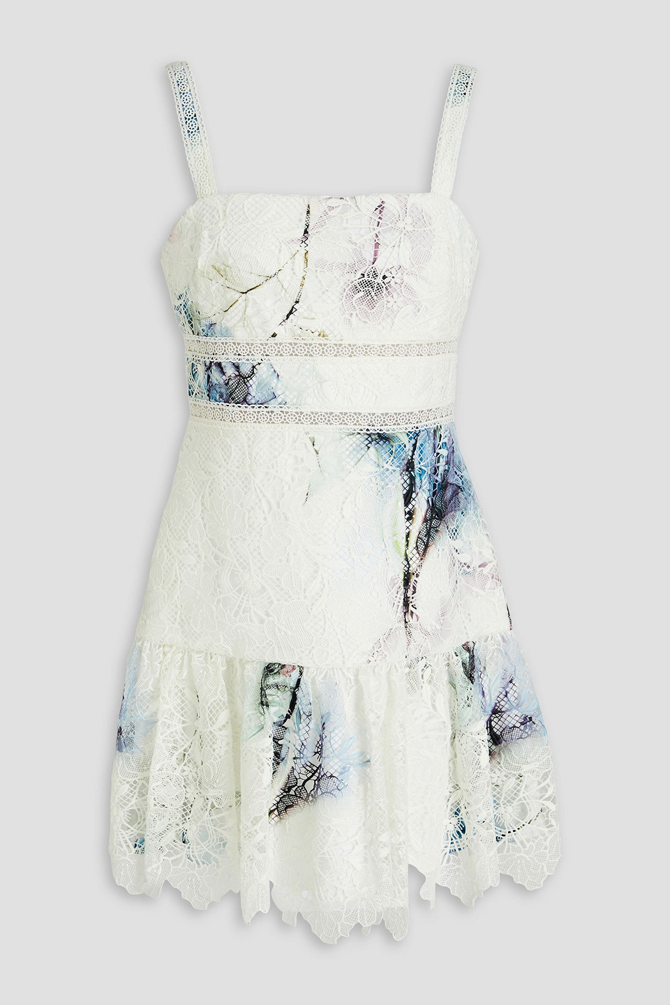 ml Monique Lhuillier Printed Guipure Lace Mini Dress In White | ModeSens