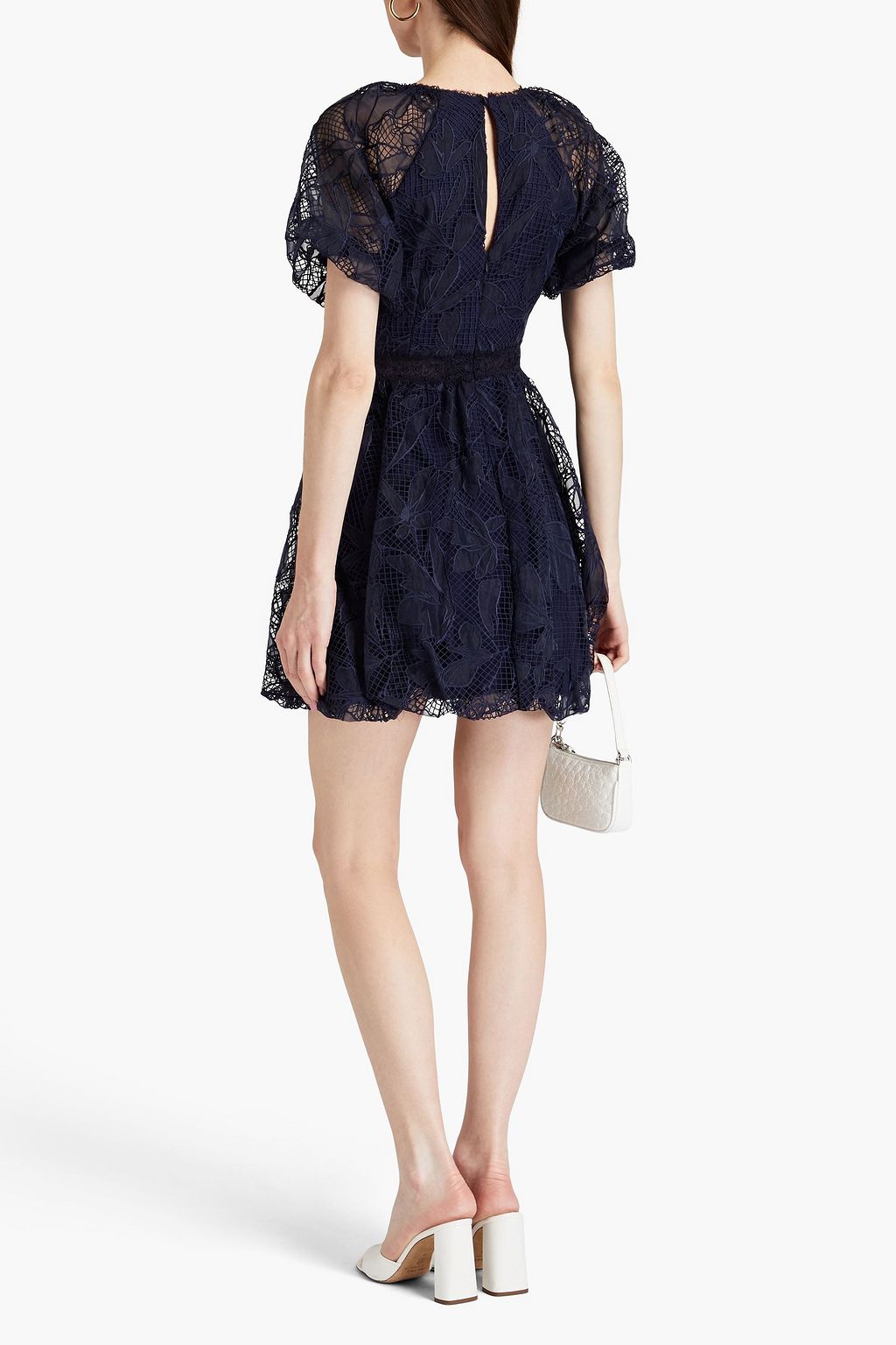 ML MONIQUE LHUILLIER 개더 디테일 기퓌르 레이스 미니 드레스