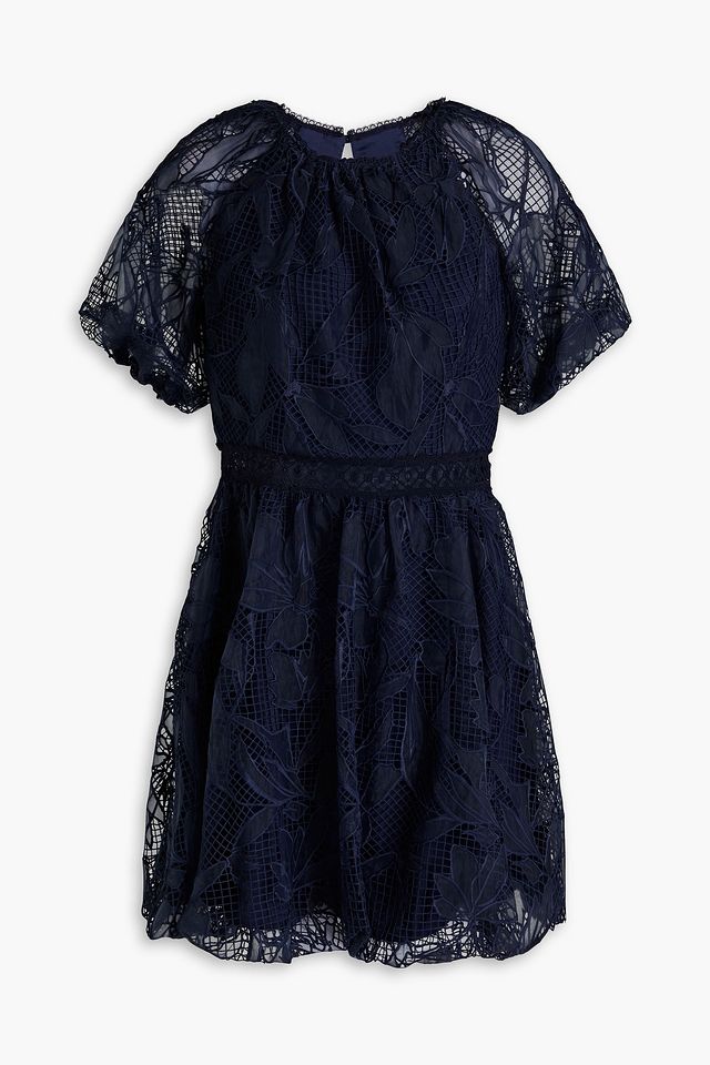 Gathered guipure lace mini dress