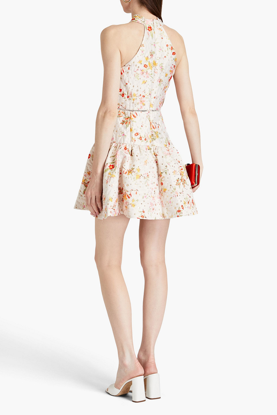 Shop ml Monique Lhuillier Floral-print Metallic Fil Coupé Satin-twill Mini Dress In Ecru