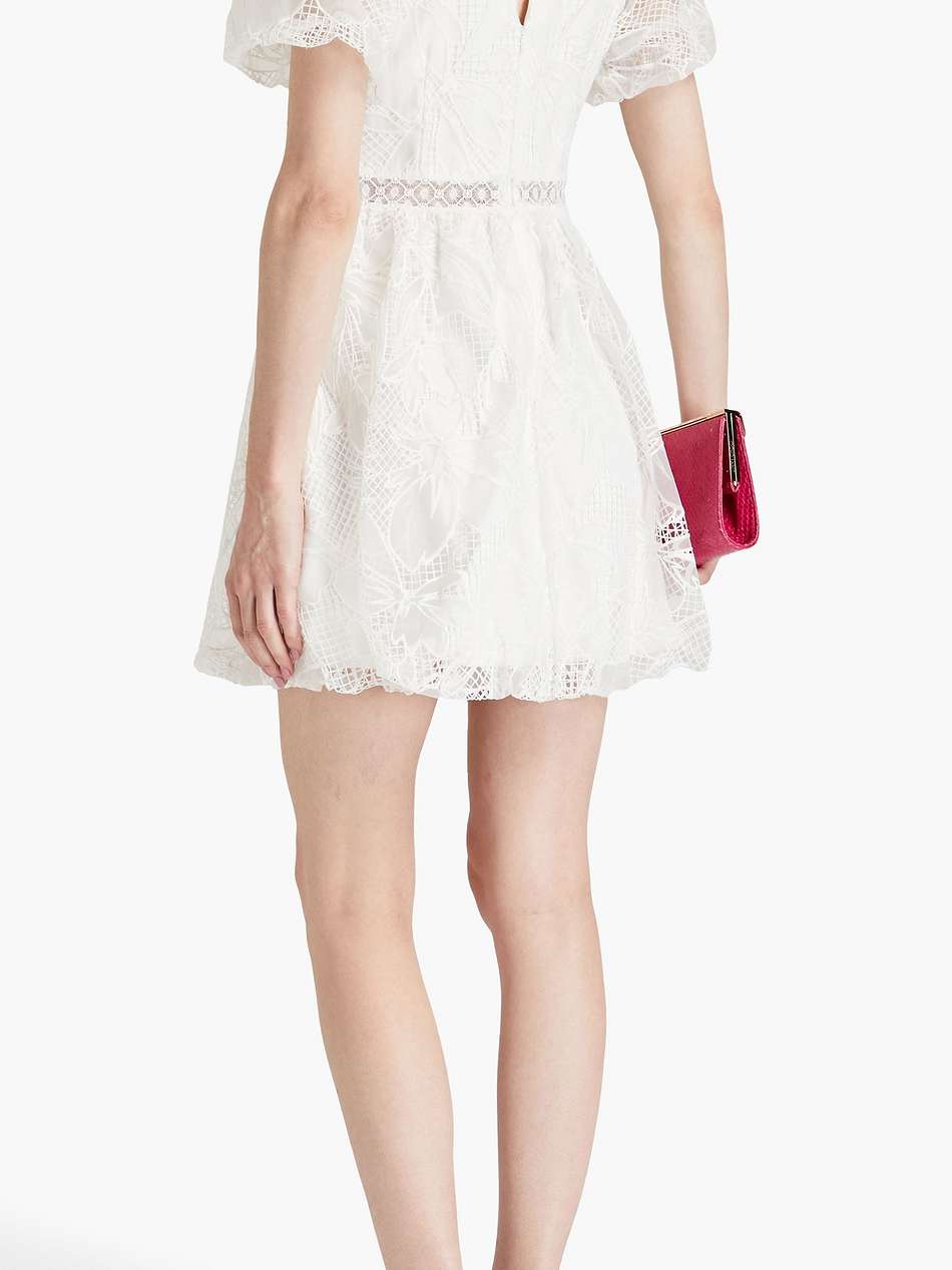gathered guipure lace mini dress