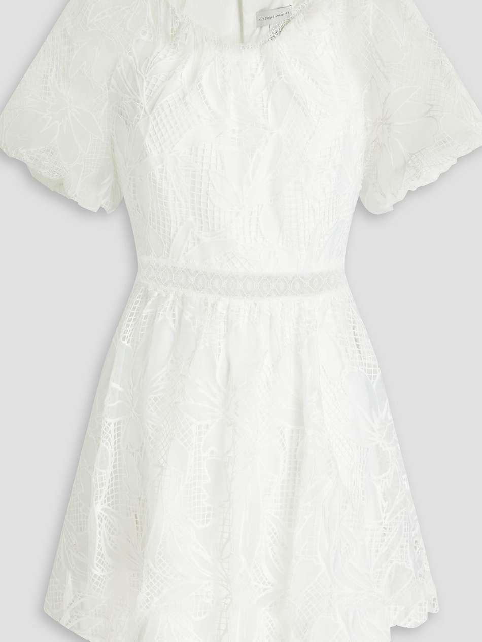 gathered guipure lace mini dress