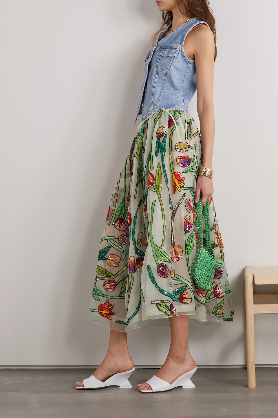 ASHISH EMBELLISHED SILK-ORGANZA MIDI SKIRT