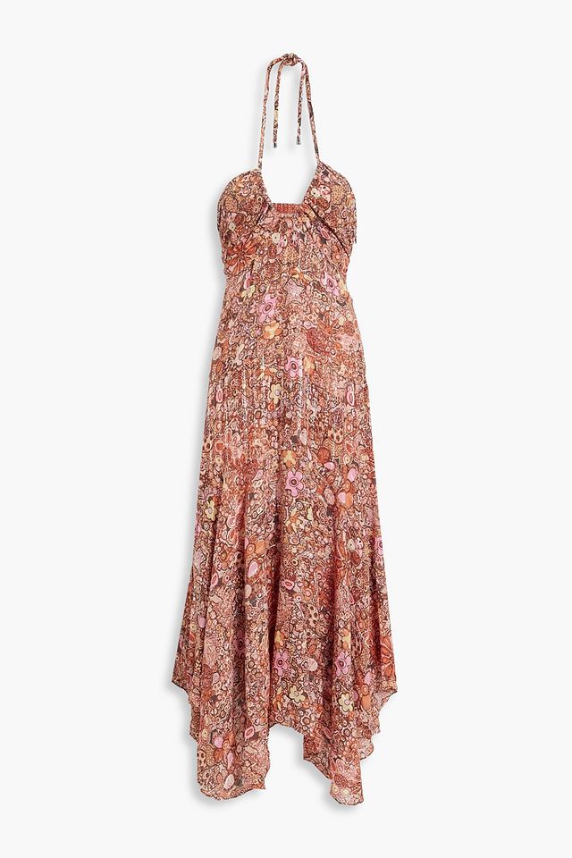 Amina asymmetric printed cotton and silk-blend georgette halterneck midi dress