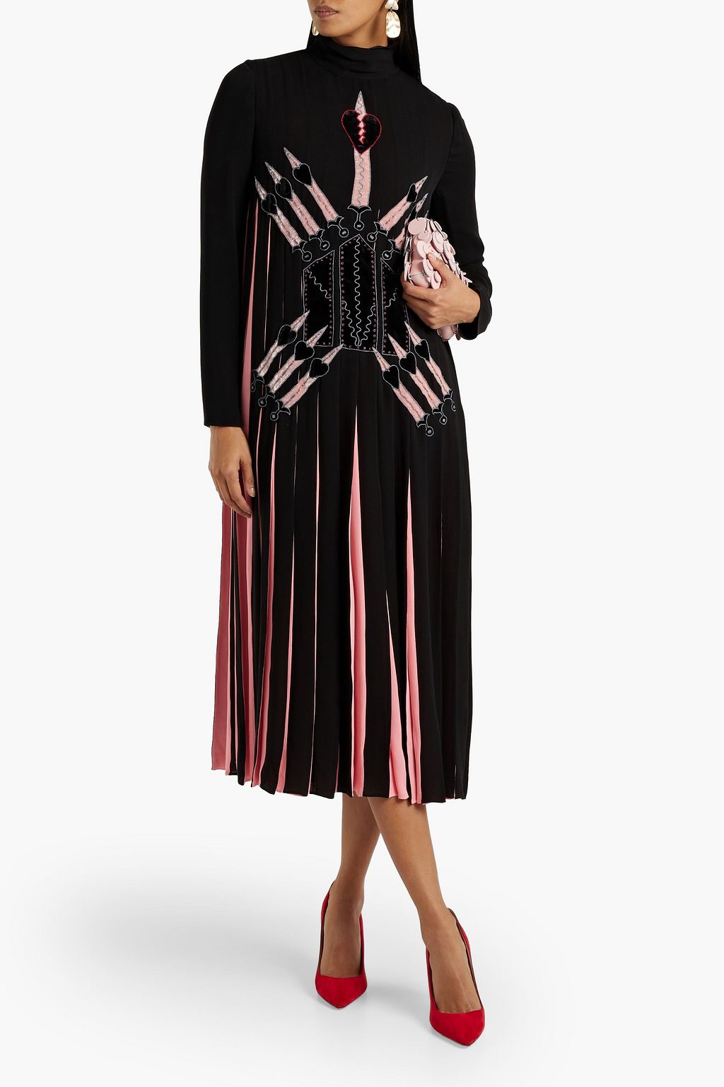 VALENTINO GARAVANI Pleated embroidered silk-crepe midi dress