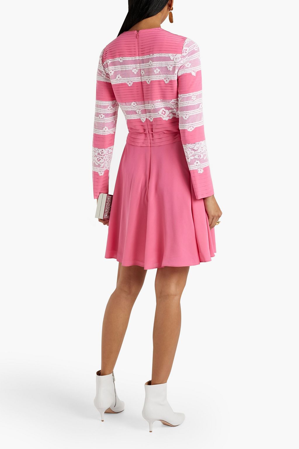VALENTINO GARAVANI Pintucked Leavers lace-paneled silk-crepe mini dress