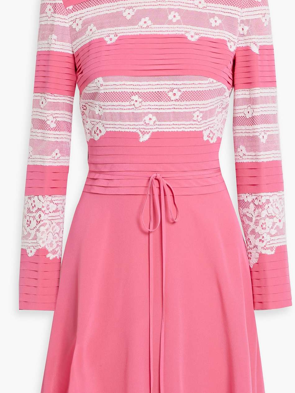 pintucked leavers lace-paneled silk-crepe mini dress
