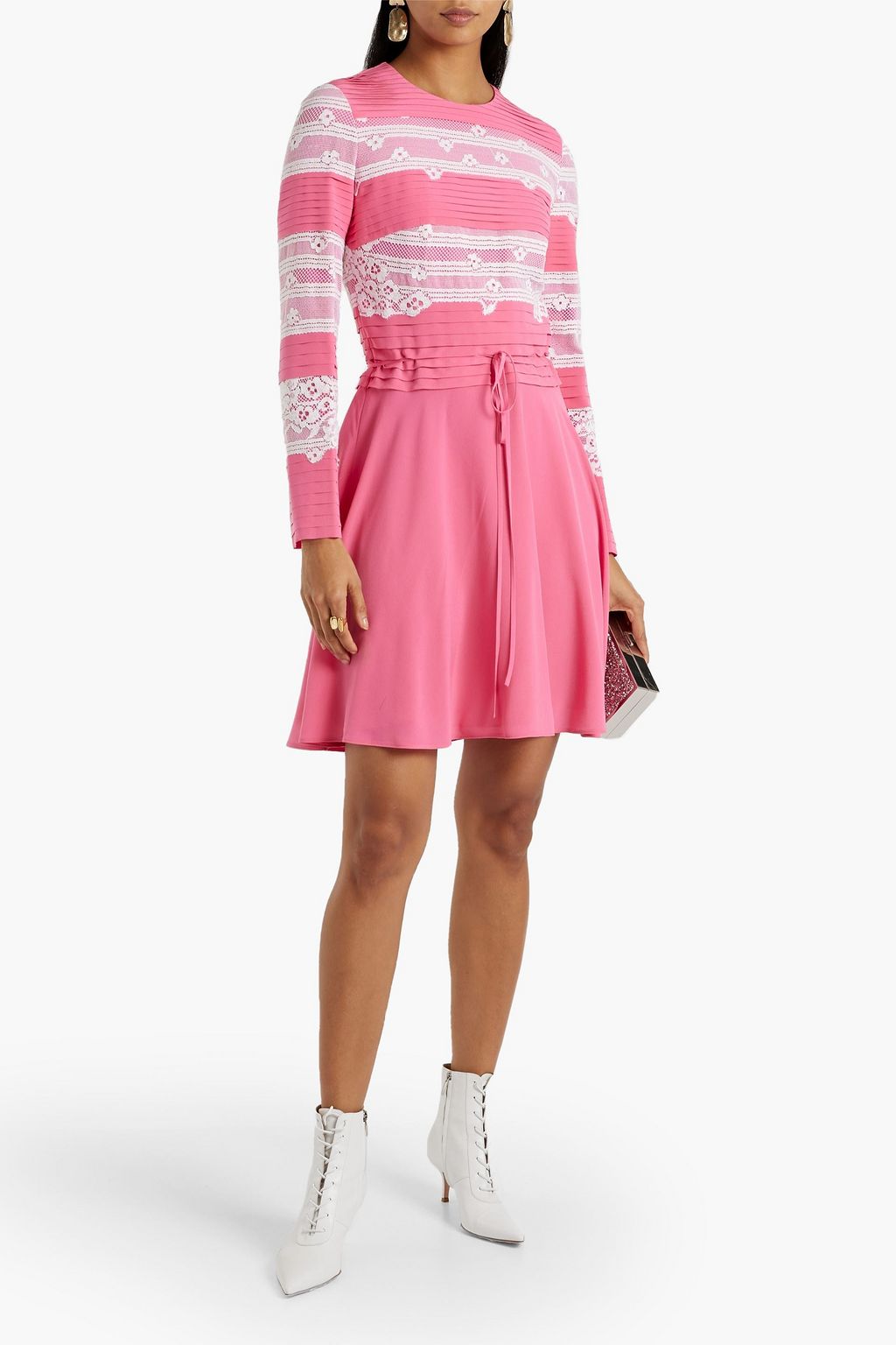 VALENTINO GARAVANI Pintucked Leavers lace-paneled silk-crepe mini dress