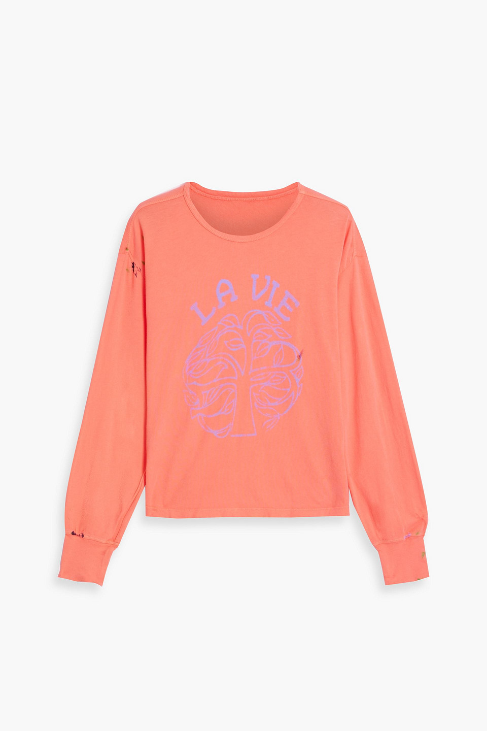 Raquel Allegra Tracker Distressed Printed Cotton-jersey Top In Coral