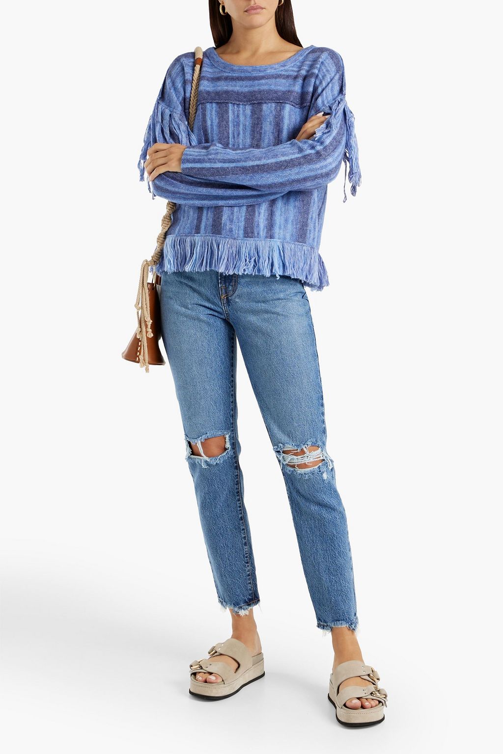 RAQUEL ALLEGRA Fringed striped wool and cashmere-blend sweater