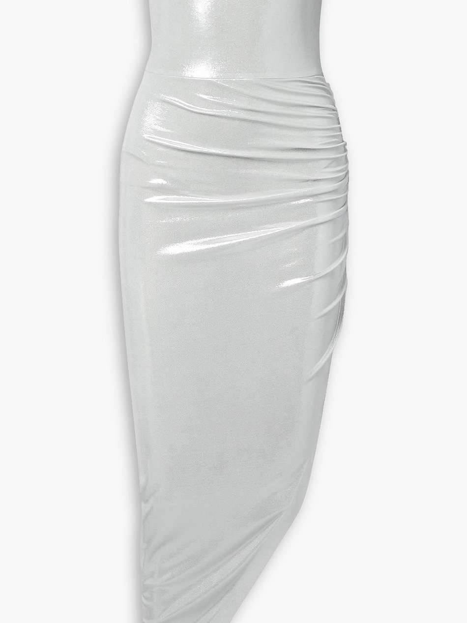 strapless draped stretch-lamé midi dress