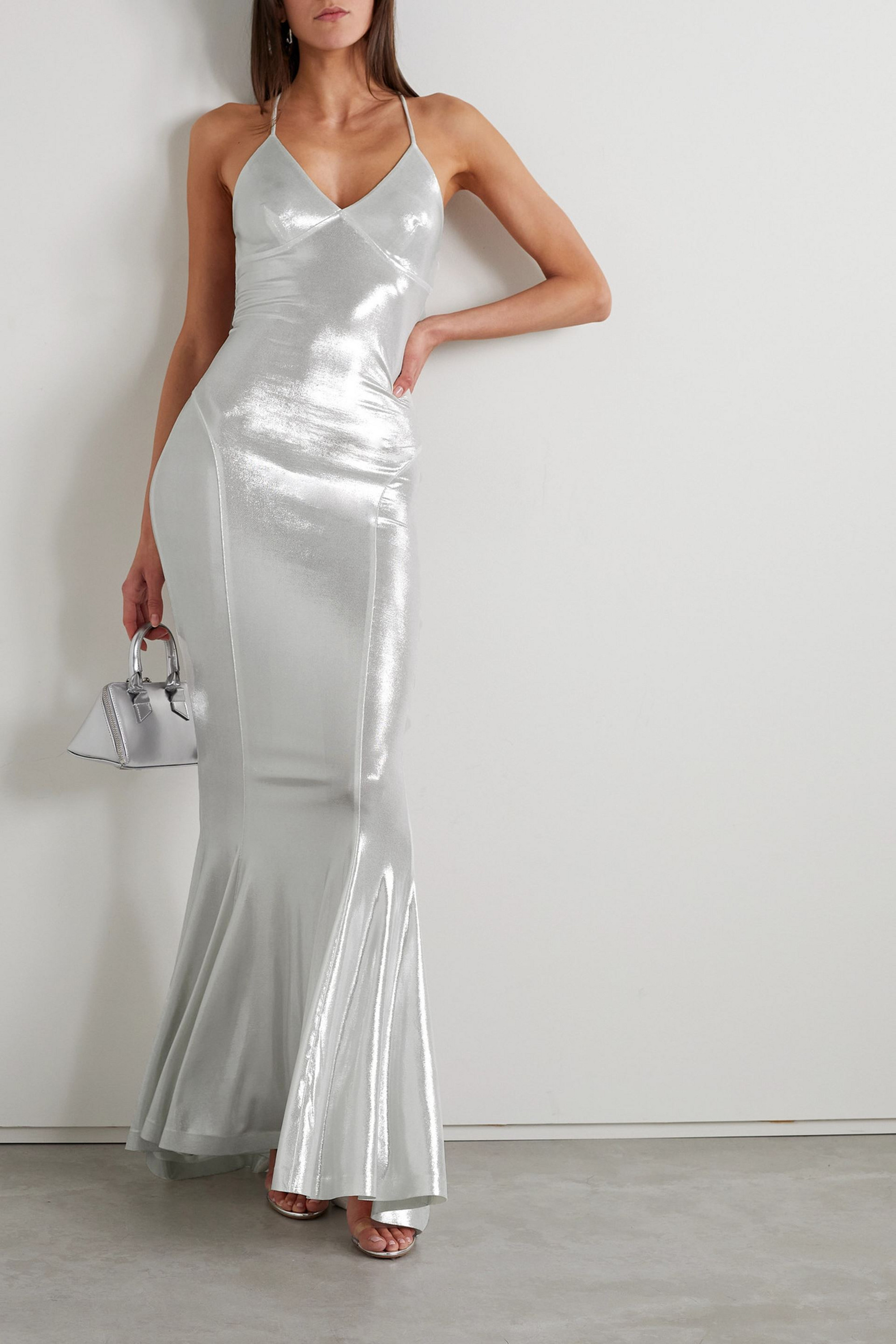 Norma Kamali Open-back stretch-lamé gown