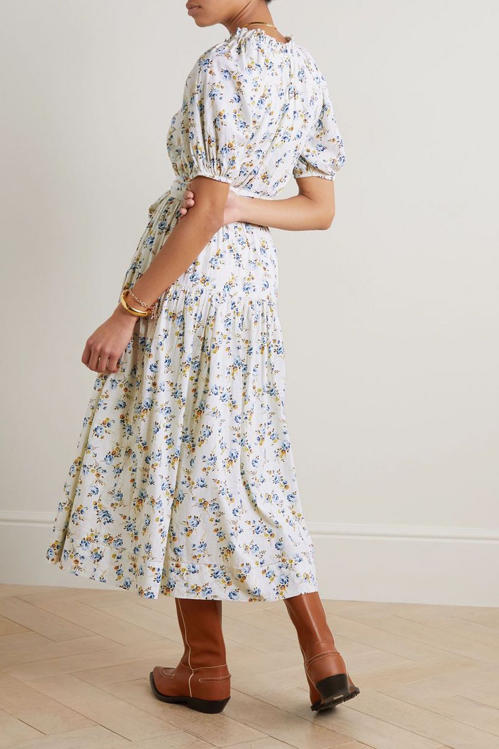 THE GREAT. Moonstone belted tiered floral-print cotton-voile midi dress