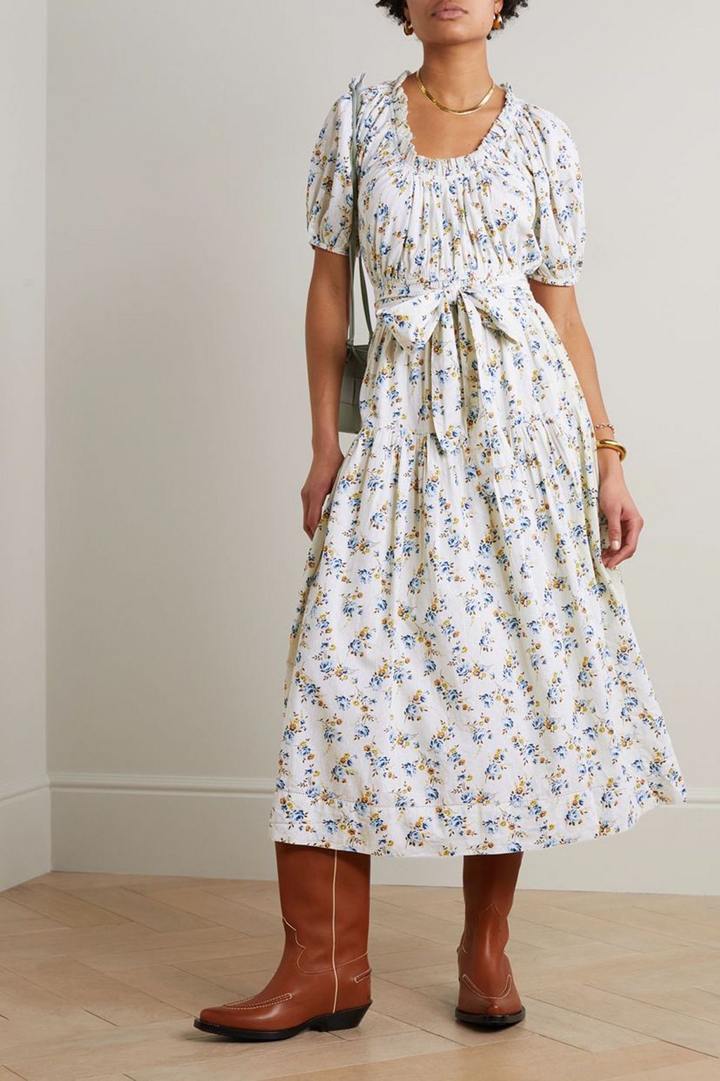 THE GREAT. Moonstone belted tiered floral-print cotton-voile midi dress