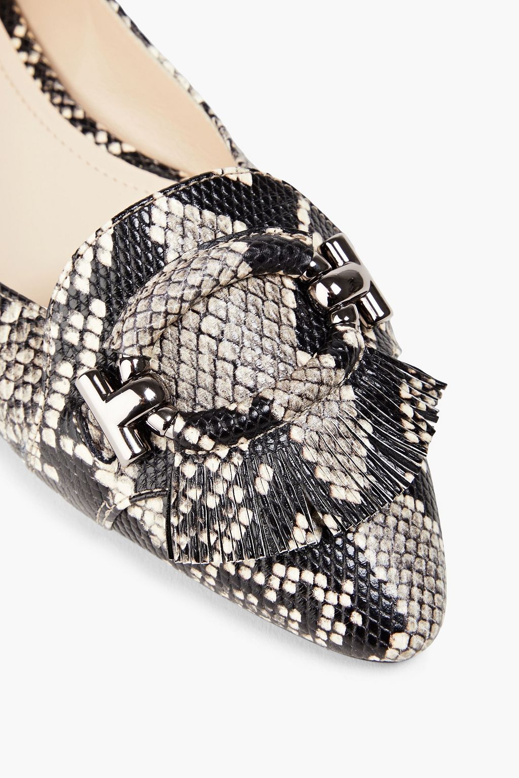 TOD'S T-Ring スネーク風レザー ポインテッドトゥ フラットシューズ