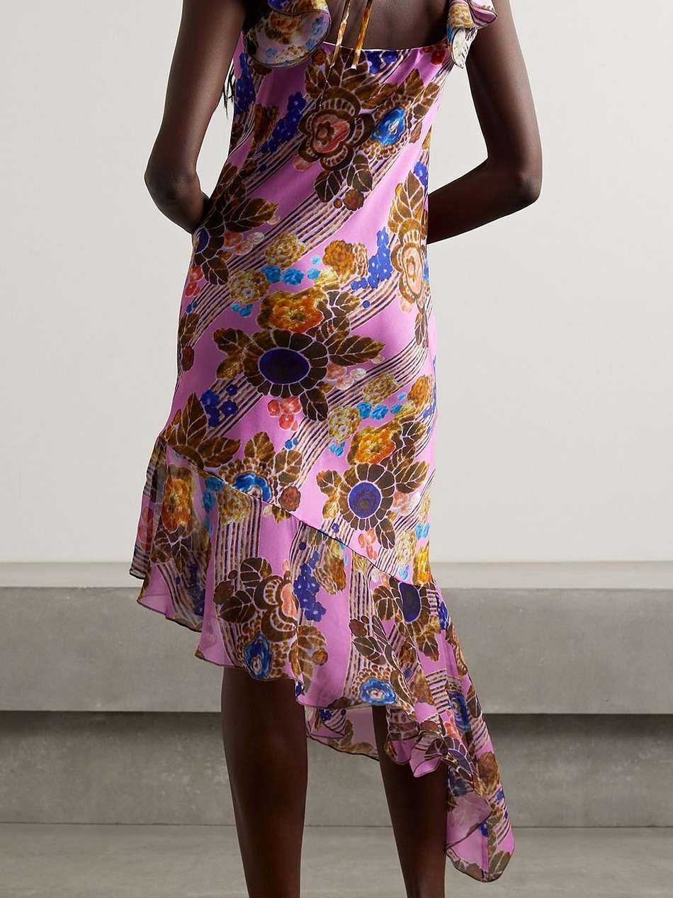 asymmetric floral-print chiffon-trimmed silk-satin midi dress