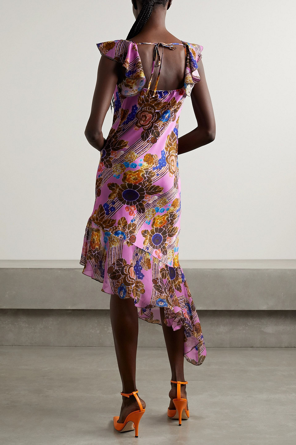 Rodarte Asymmetric Floral-print Chiffon-trimmed Silk-satin Midi Dress In Violet