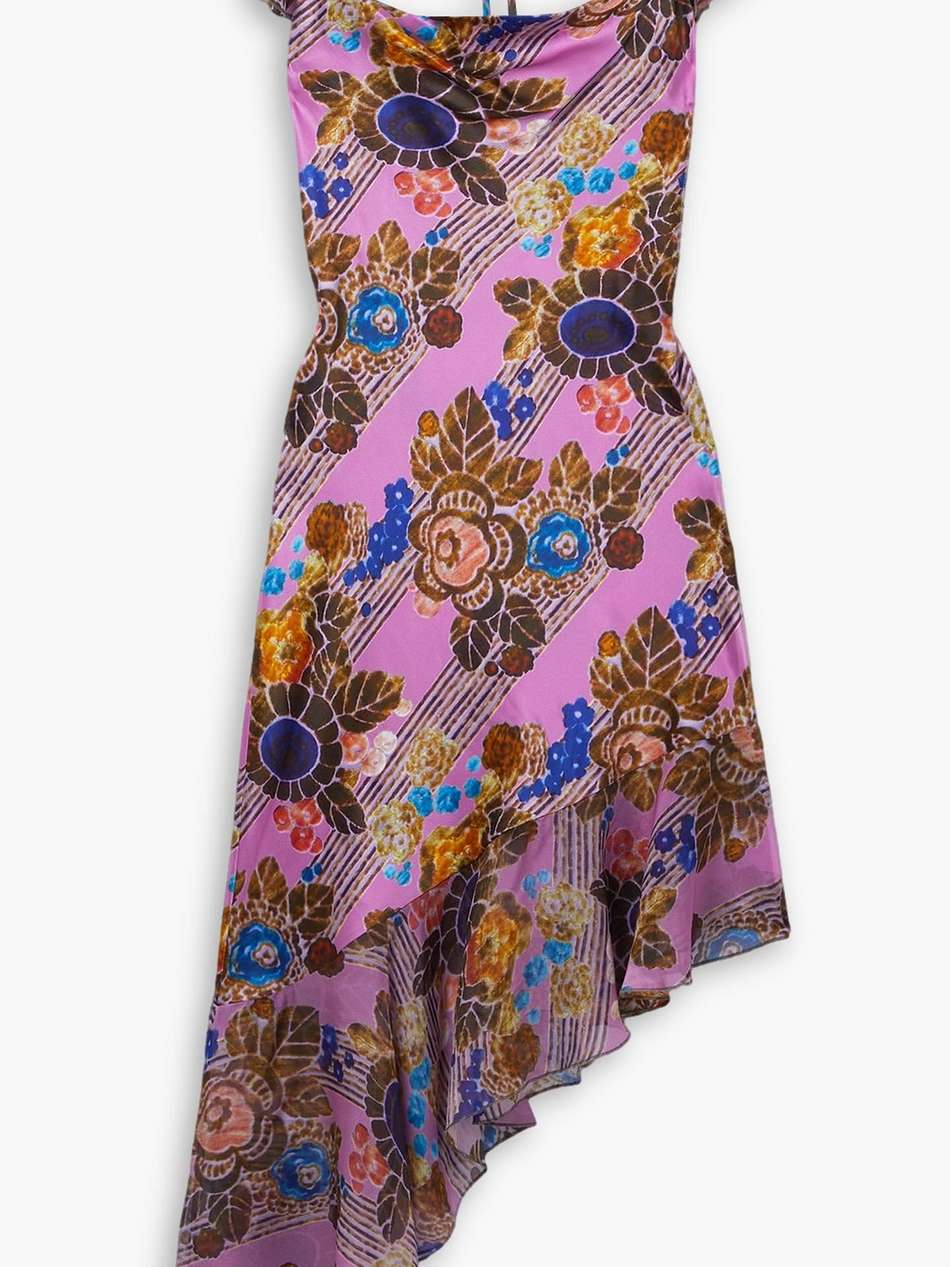 asymmetric floral-print chiffon-trimmed silk-satin midi dress