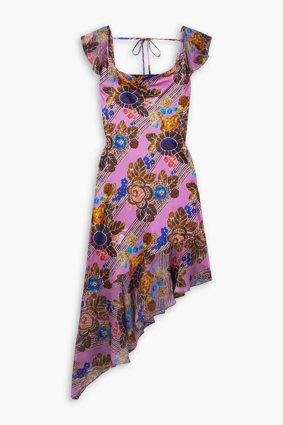 Rodarte Asymmetric Floral-print Chiffon-trimmed Silk-satin Midi Dress In Violet
