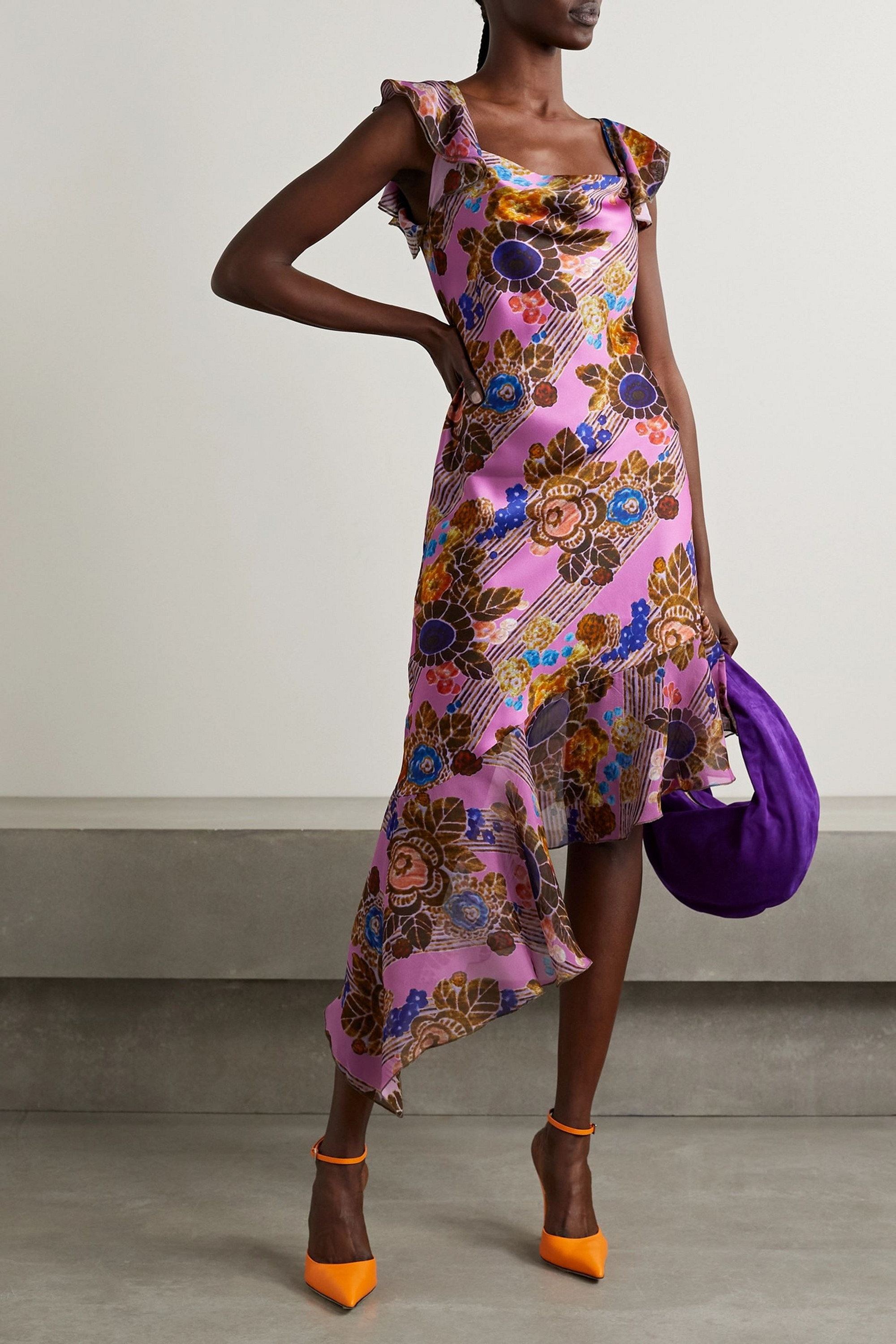 Rodarte Asymmetric floral-print chiffon-trimmed silk-satin midi dress