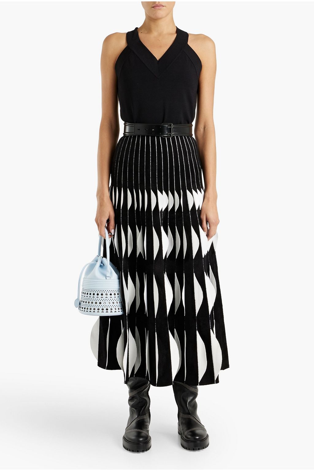 ALAÏA Pleated laser-cut velour and stretch-knit midi skirt