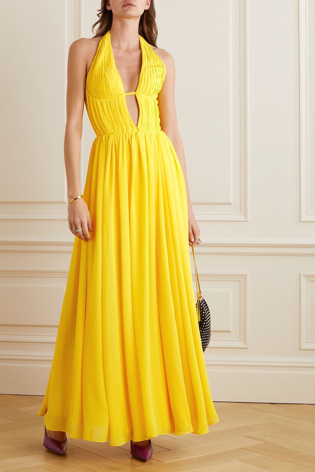 RASARIO Pleated chiffon halterneck gown