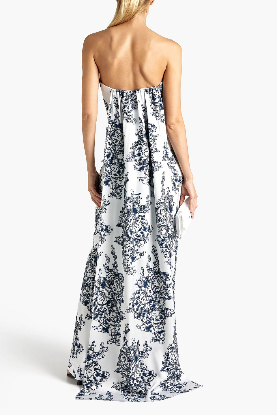 Oscar De La Renta Strapless Draped Flocked Jacquard Gown In Navy