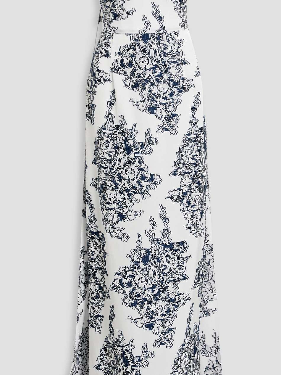 strapless draped flocked jacquard gown