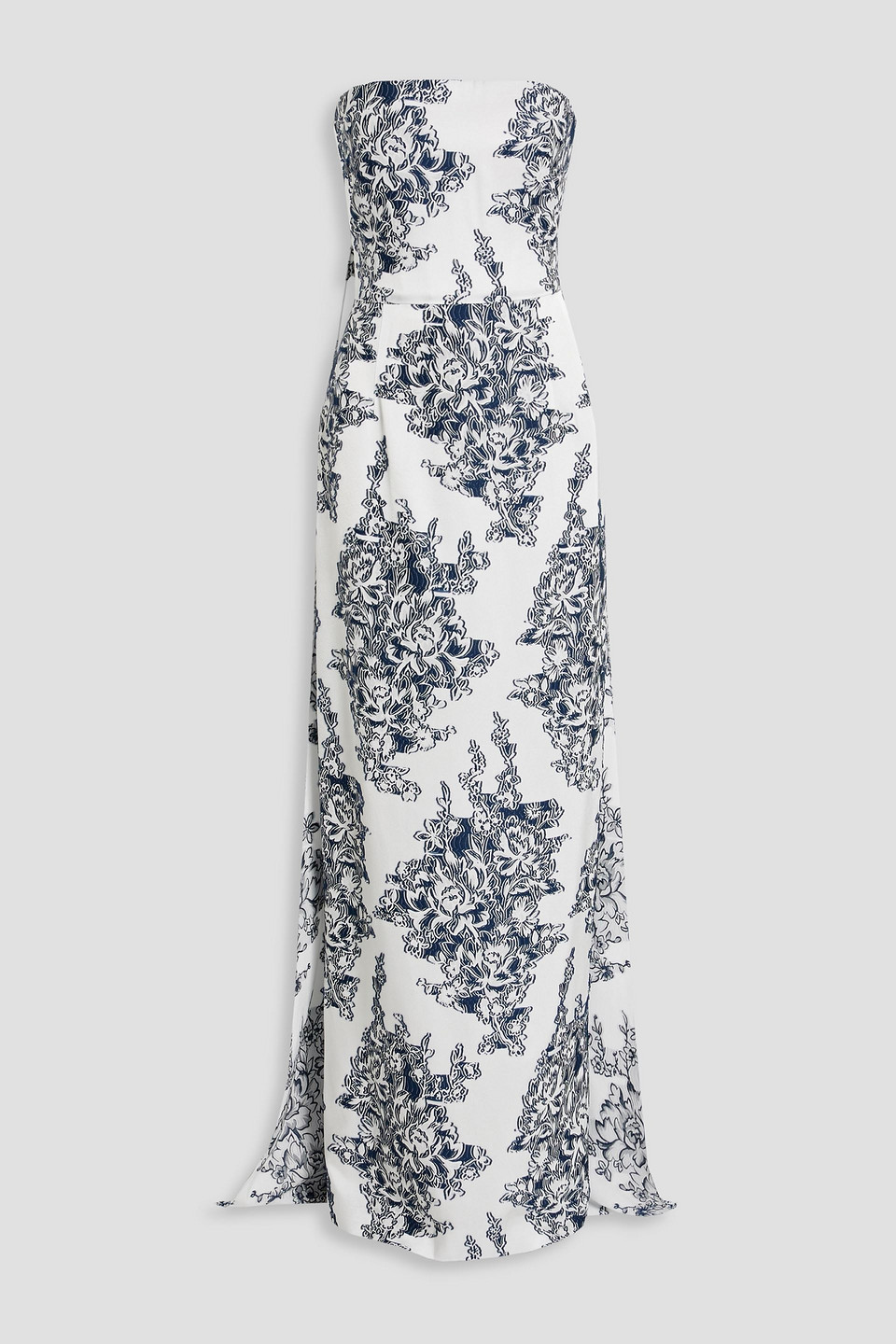 Oscar De La Renta Strapless Draped Flocked Jacquard Gown In Navy
